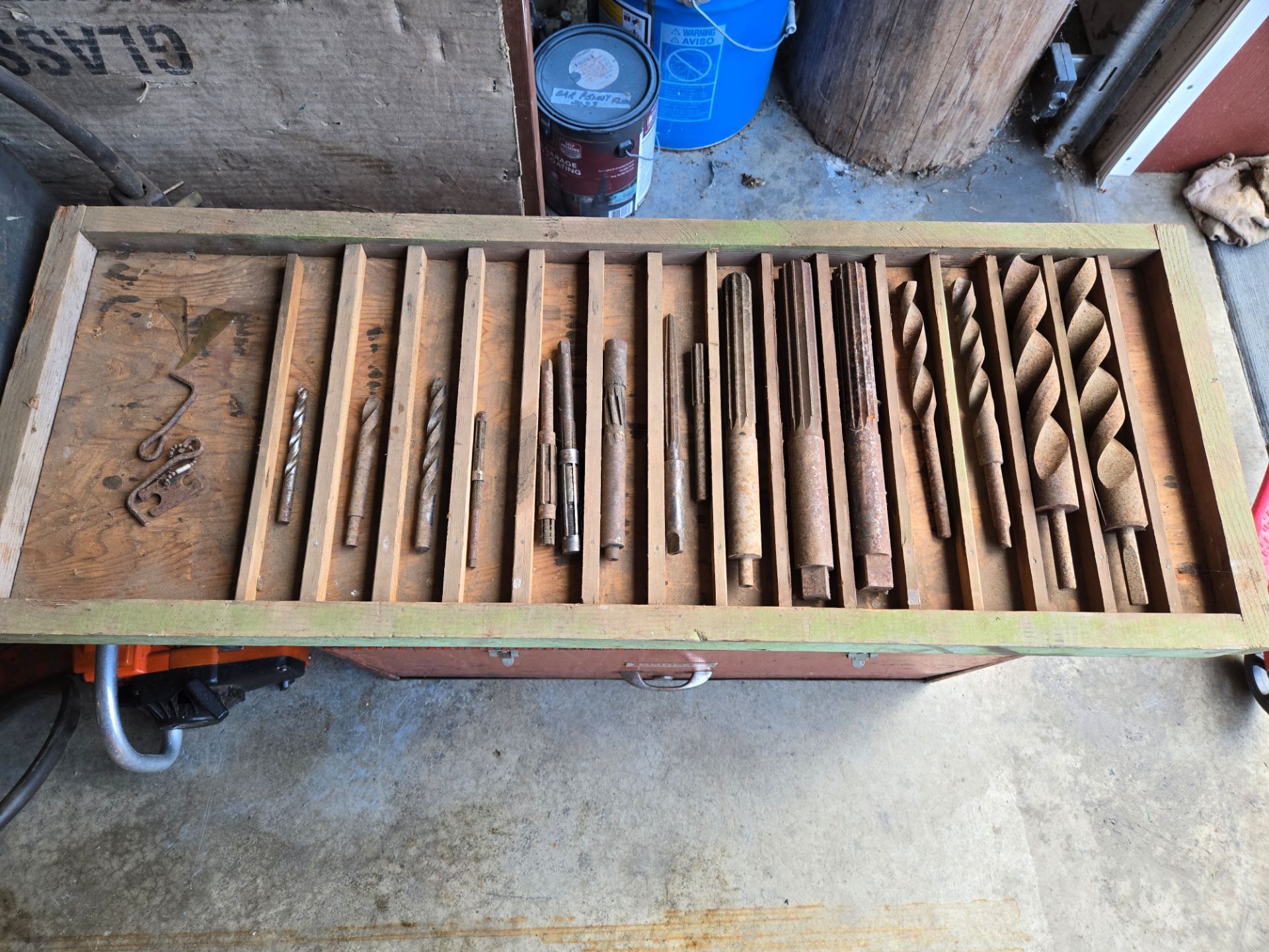 Vintage Drill Bits & Reamers with wooden tray, 40x15", largest bit is 12"x1.5"
