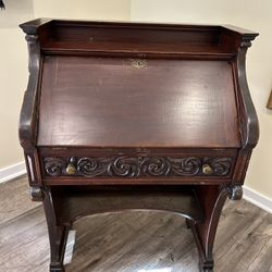 Antique Mahogany Secretary Desk – Carved Front • Drop-Front Writing Surface • Claw Feet
