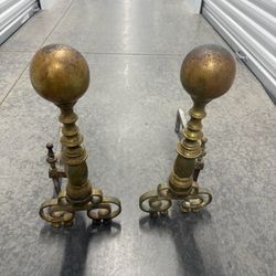 Antique Early 19th Century Georgian Brass Cannonballs And Iron Fireplace Fire Dogs- Set of 2