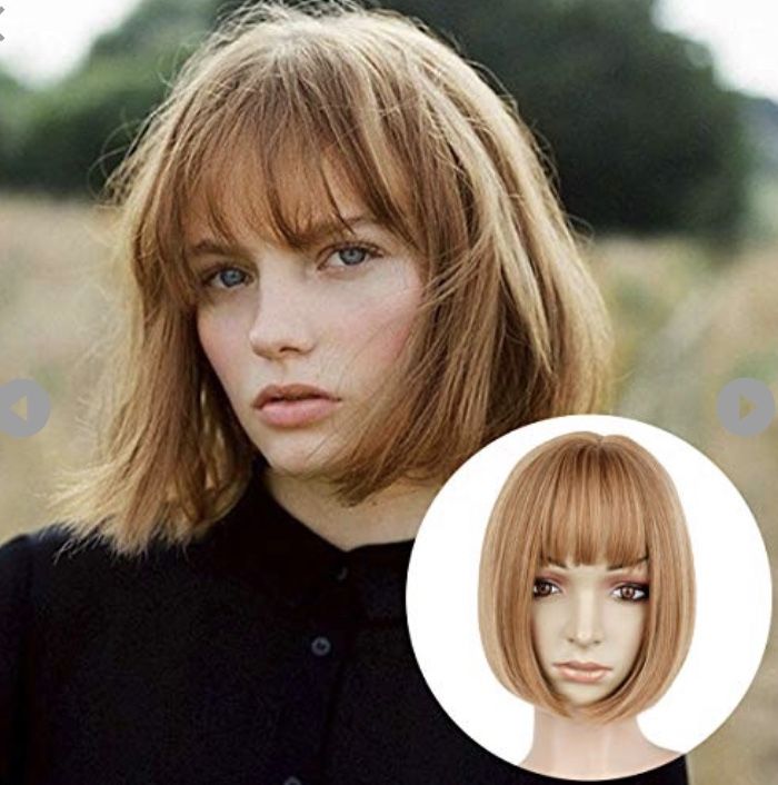 Creamily Short Bob Wig with Flat Bangs Straight Synthetic Strawberry Blonde Bob Hair Shoulder Length Full Replacement Wig 8 Inch