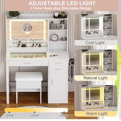 Vanity Desk with Mirror and Lights, Makeup Vanity Desk with USB & Power Outlet and 3-Color LED Lighting, Makeup Table with 2 Drawers & Adjustable Shel