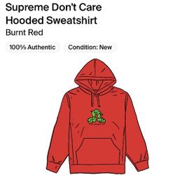Supreme I Don't Care Hooded Sweatshirt  Size Medium 