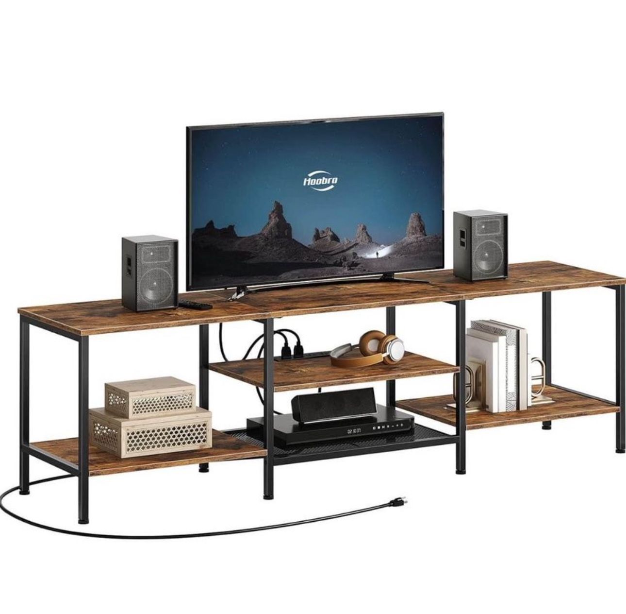 Open box 🗃️   HOOBRO TV Stand with Power Outlets to 75 Inches, TV Console Table with Open Storage Shelves Cabinet, Industrial Media Entertainment Cen