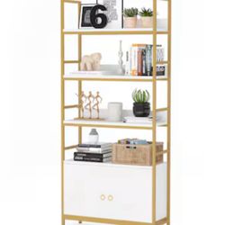 Tribesigns Hoga-F1159 White Metal 4-Shelf Bookcase with Doors (35.43-in W x 70.86-in H x 11.81-in D)