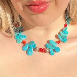Western Teardrop turquoise and coral necklace with sterling silver accent pieces