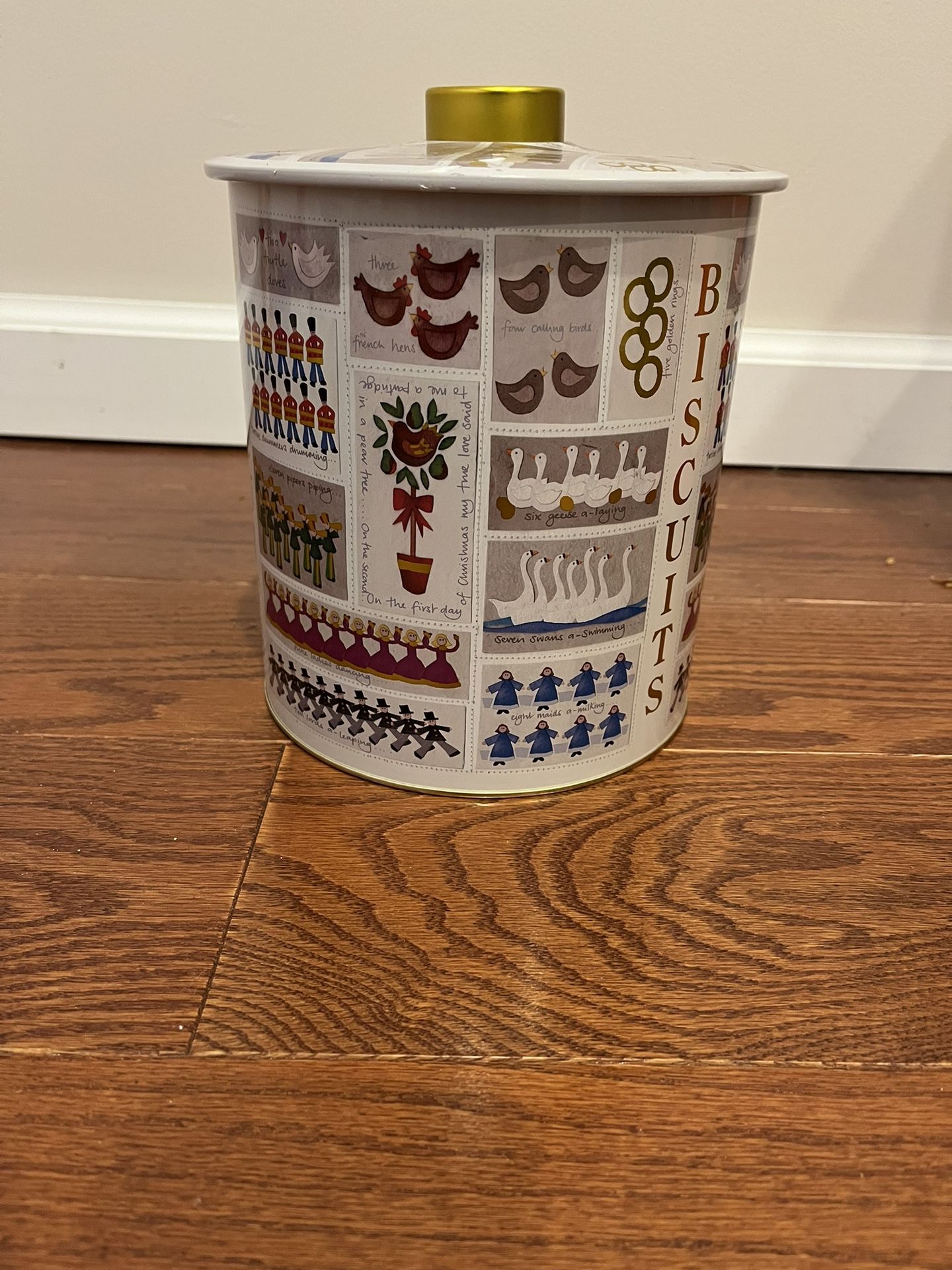 Biscuit Barrel By “St Lee”. Showing pictures of the 12 days of Christmas.