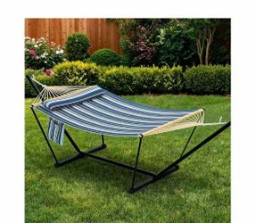 R4) 450LBS 2-Person Light‑Dark Blue Striped Hammock with Stand Pillow & Balance Rope,T-Shaped Iron Bracket & Flat Wood Frame,Tool-Free Assembly Portab