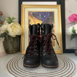 Sorel Women's Conquest Wedge Mid Calf Boot Sz 7.5 Oiled Leather Black Laced Up