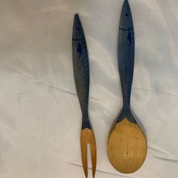 Vintage Swedish fish handle wooden utensils,hand painted carved spatula Fork 7”
