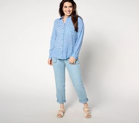 Joan Rivers Mixed Print Long Sleeve Button Up Boyfriend Shirt Denim Size Large