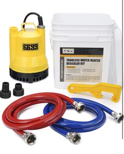 Tankless Water Heater Flushing Kit Includes 1/6HP Submersible Sump Pump with Two Adapters & 3 Gallons Pail with Bucket Lid Opener & Two 1/2” Dia X 6’ 