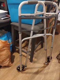 Guardian Folding Walker W/Wheels, Silver Adjustable Height Walking Assistant 