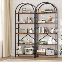 Set of 2, Arched Bookshelf, 5-Tier Tall Bookcase for CDs and Books, Home Office Storage Organizer, Modern Book Shelf for Bedroom or Living Room, Rusti