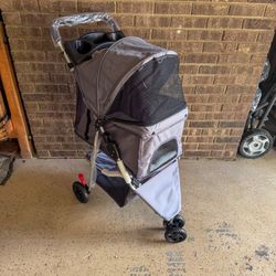 NEW 3 Wheel Foldable Portable Grey Pet Dog Cat Stroller w/Storage Basket & Cup Holder