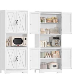 66.9" Storage Cabinet with 4 Doors & Adjustable Shelves, Kitchen Pantry Cabinet with Open Shelf, Bathroom Cabinet for Living Room, Kitchen, White