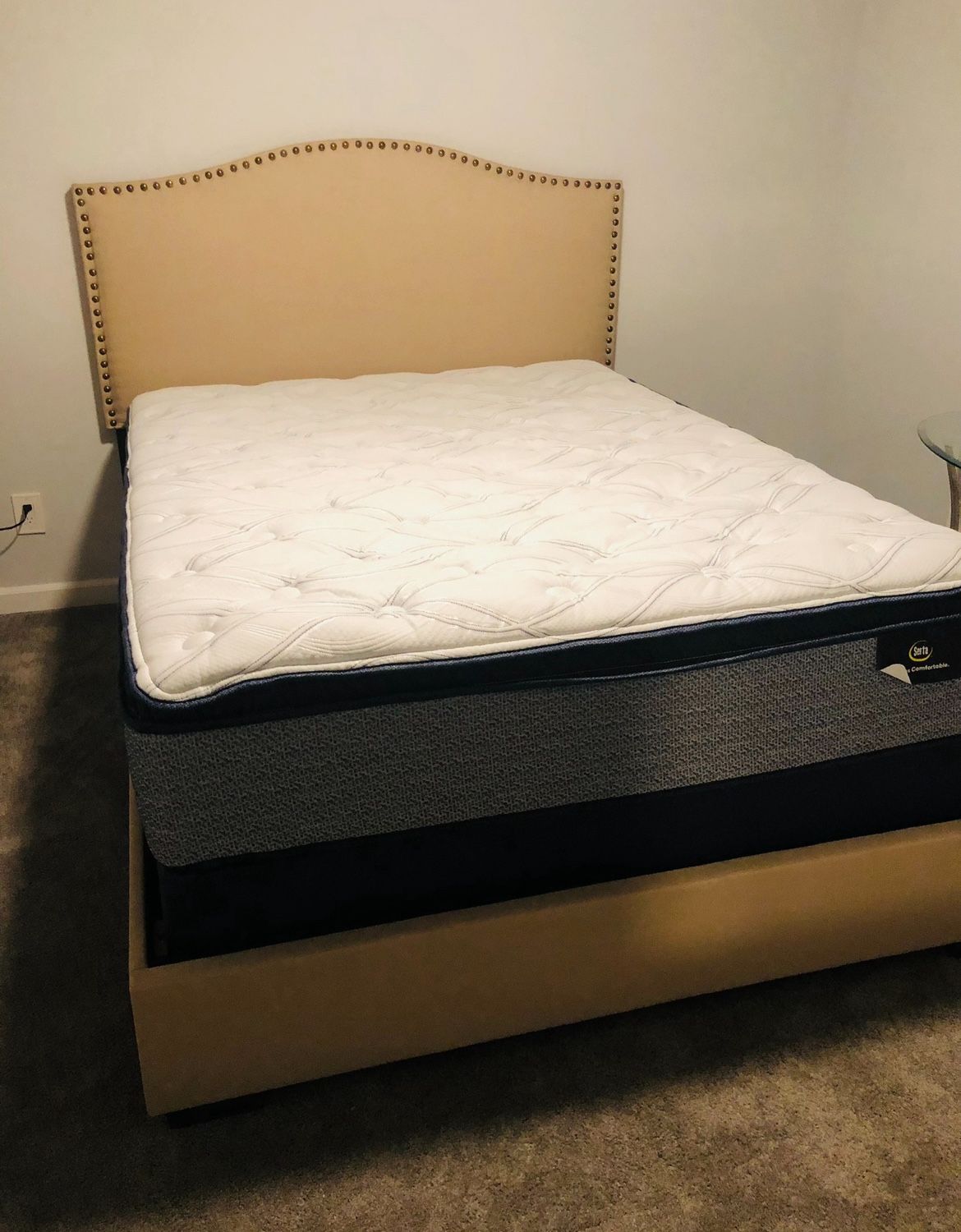 Serta Queen Mattress & Beige Studded Bed frame