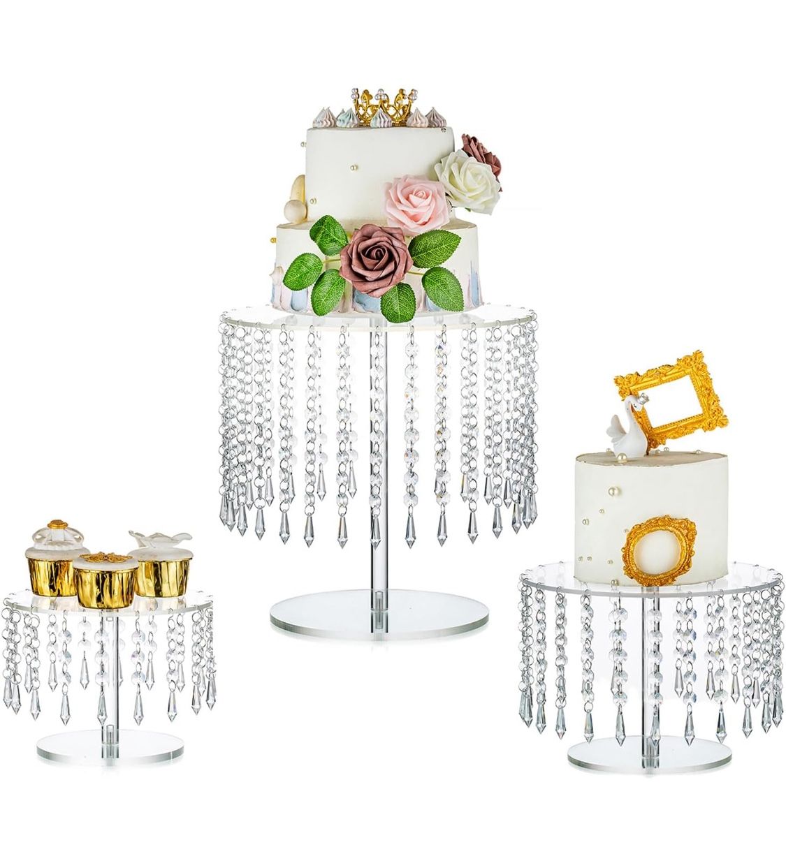 NUPTIO Acrylic Cake Stand Set: 3 Pcs Round Cupcake Stands Wedding Clear Dessert Display Afternoon Tea Cup Cakes with Crystal Chandelier for Weddings B