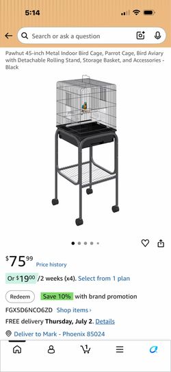 Pawhut 45-inch Metal Indoor Bird Cage, Parrot Cage, Bird Aviary with Detachable Rolling Stand, Storage Basket, and Accessories - Black