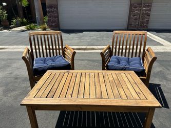 Solid Wood Outdoor Patio Conversation Set – 2 Chairs + Coffee Table + Cushions
