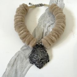 Chunky Beige Fabric Necklace with Dragon Pendant — Handmade Artisan Jewelry