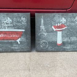 Bathroom Canvas Painting Charcoal Gray Red White Sink Bathtub