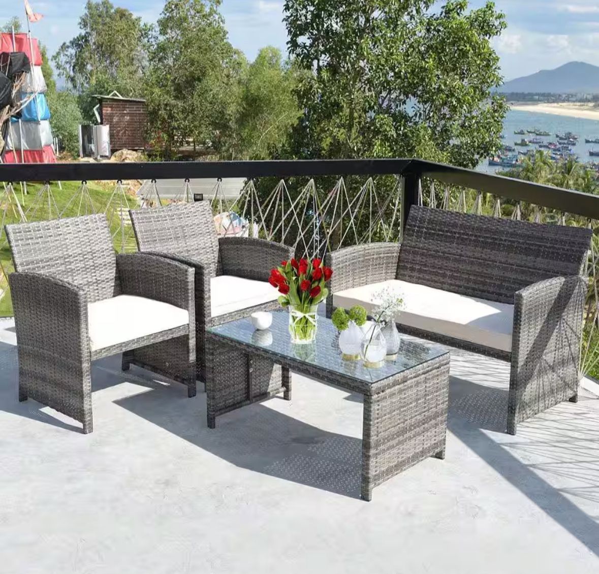 Mix Gray 4-Piece Rattan Wicker Patio Conversation Set with Beige White Cushions Garden Lawn Furniture