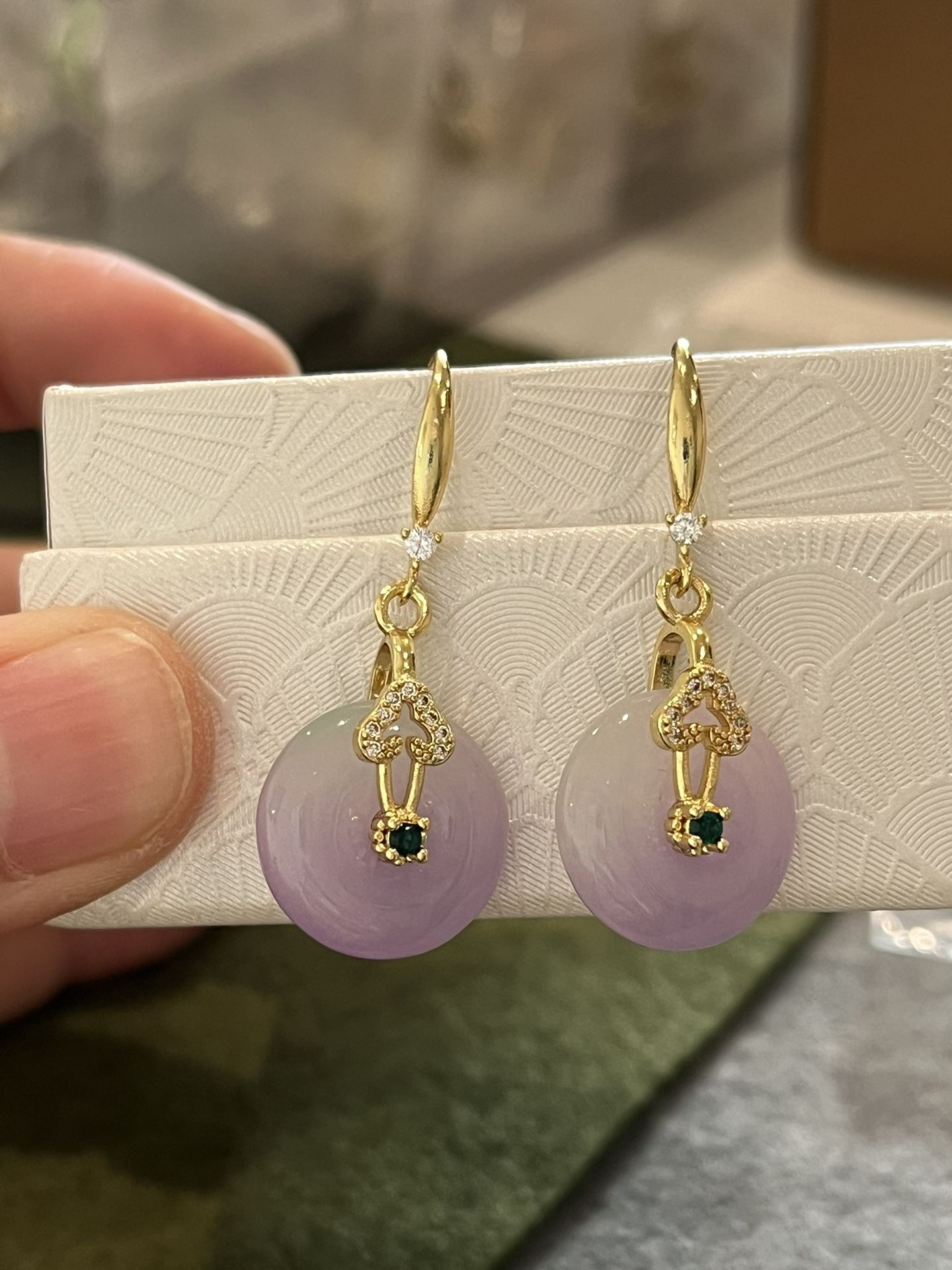 Jadeite earrings, purple jadeite earrings, 18k gold-plated ear hooks