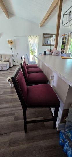 Set of 4 Burgundy Upholstered Bar Stools