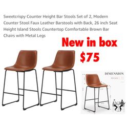 New in box Counter Height Bar Stools Set of 2, Modern Counter Stool Faux Leather Barstools with Back, 26 inch Seat Height Island Stools Countertop Com