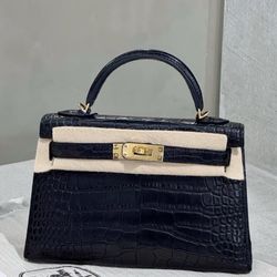 Gold buckle matte square crocodile leather Kelly bag handbag mini women's black