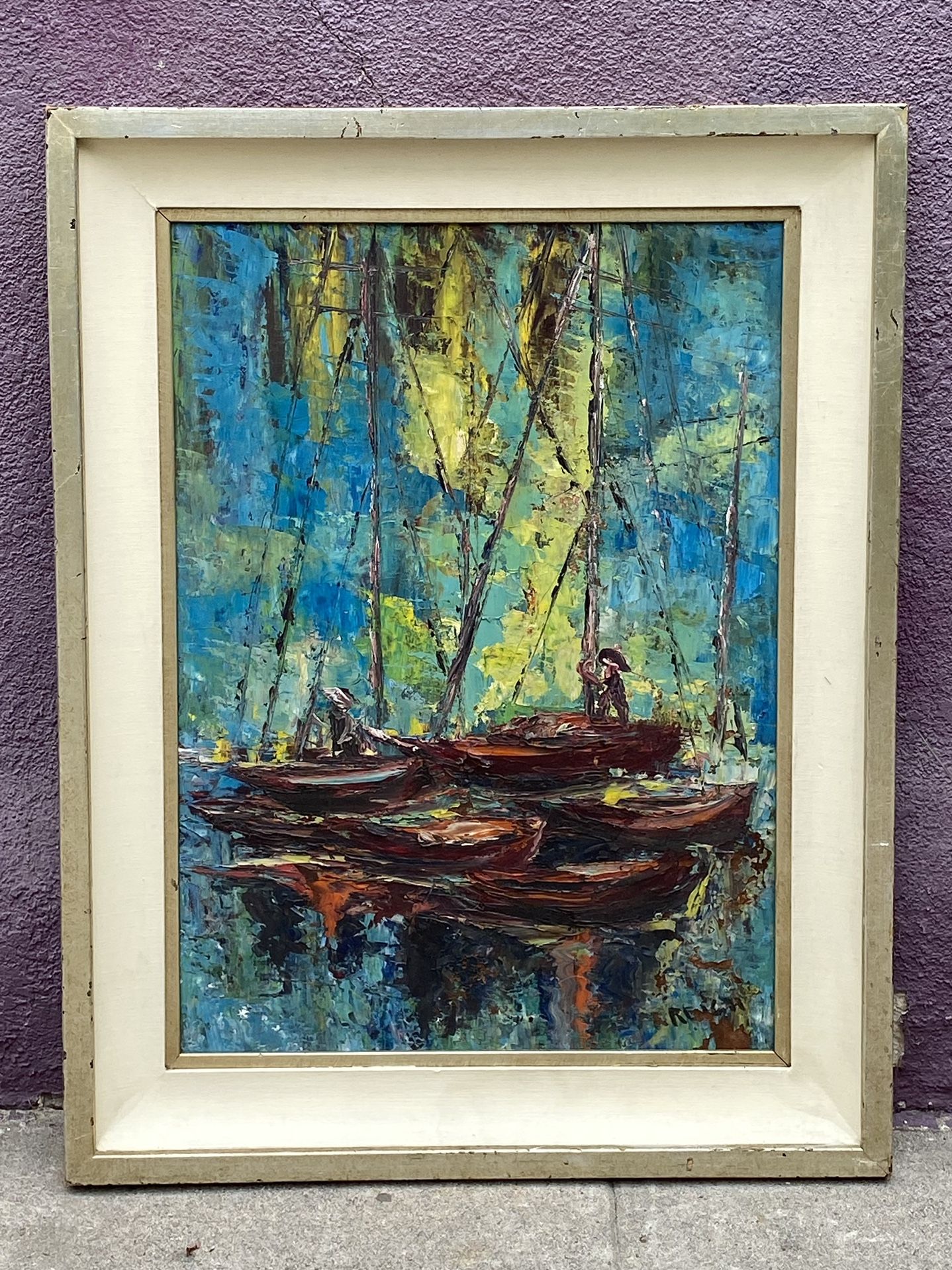 Mid century impressionist boat painting as is,New Products : American Fashion Style Bags On Sale