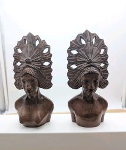 Vintage Set Hand Carved Lady Wood Wooden Bust 7.5 X 3.25".