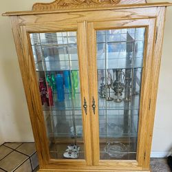 Lighted Oak Curio Cabinet with 3 Glass Shelves and Mirror Back