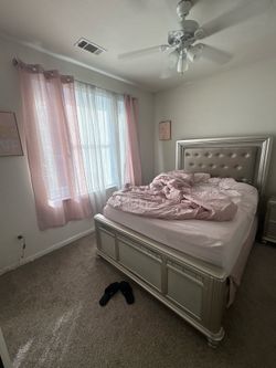 Bed, mattress and nightstand