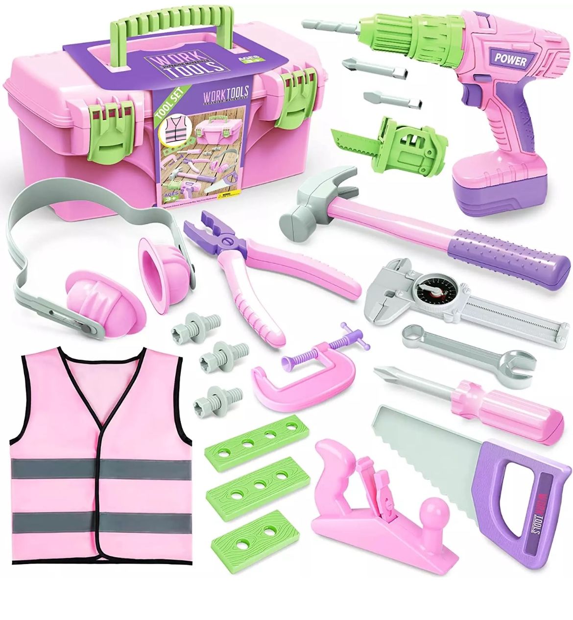 Kids Tool Set with Electric Toy Drill Tool Box Pink Toddler Tools