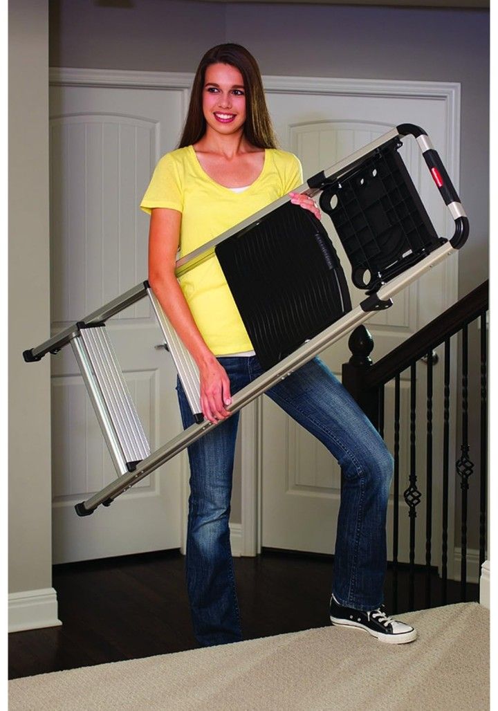 Rubbermaid 3-Step Ladder, Aluminum Lightweight Folding Step Ladder with Project Tray, Silver, Tested