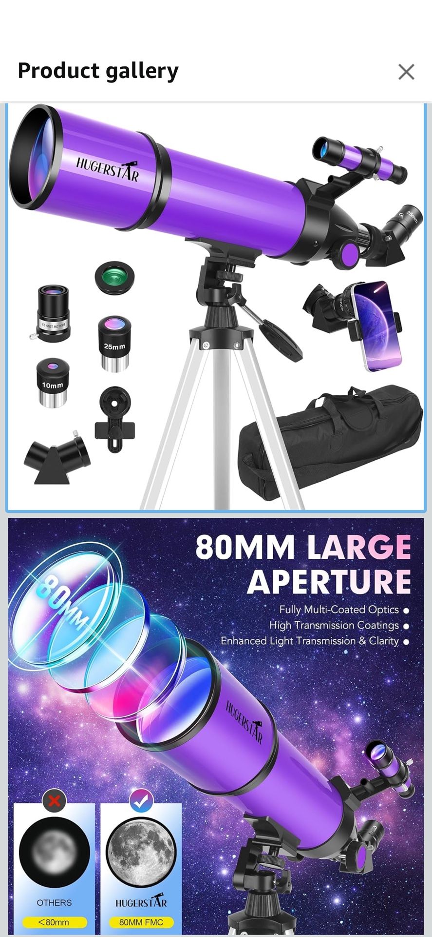Telescope, Telescope for Adults & Kids & Astronomy Beginners, 80mm Aperture 600mm Portable Refractor Telescopes Fully Multi-Coated Optics with AZ Moun