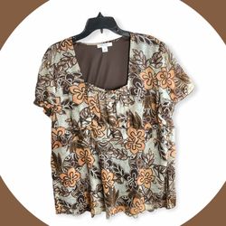 Dress Barn Gray w Brown & Orange Flowers & Gold Shimmer Glitter Lined Tunic Blouse