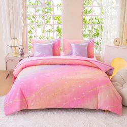 7 PCS Reversible Rainbow Twin Comforter Bedding Set, Gradient Galaxy Design Bed in a Bag Retail $67