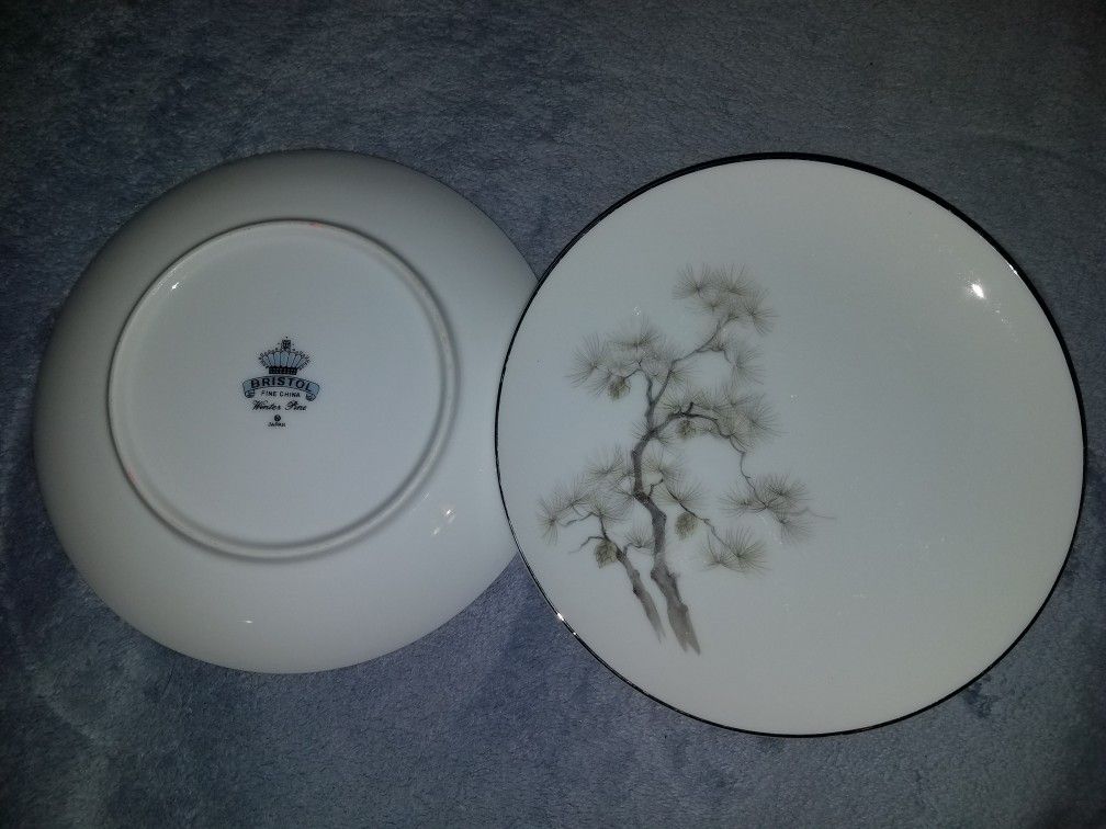2 BRISTOL FINE CHINA JAPAN TEA/COOKIE SAUCER/PLATES - WINTER PINE PATTERN: DISHES