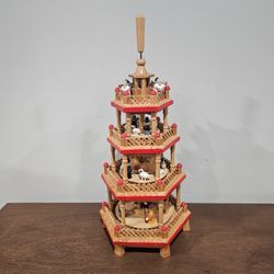 Wooden 4-Tier Hexagon Nativity Christmas Pyramid Red Accents Shepherds Angels