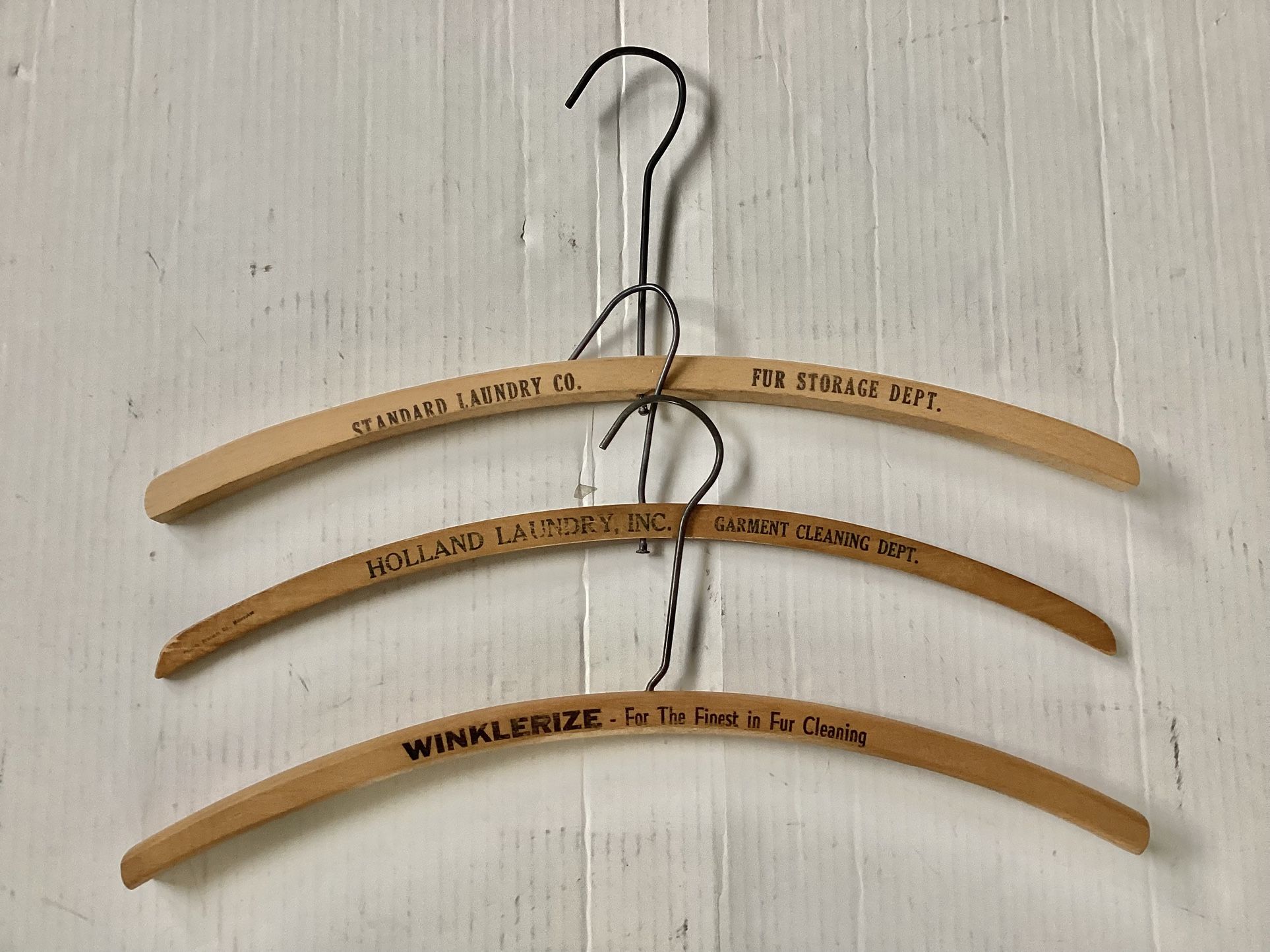 3 Vtg. MCM Wooden Hangers Fur / Laundry Advertising Designed For Heavy Garments w/ Large Collars / Hoods