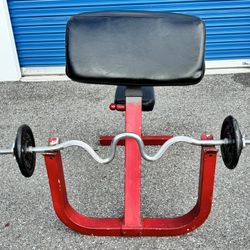 GYM EXERCISE CURLING BENCH AND WEIGHTS