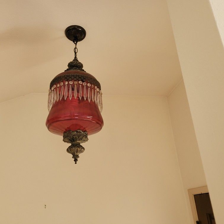 Victorian Cranberry Glass Hanging Lamp with Crystals