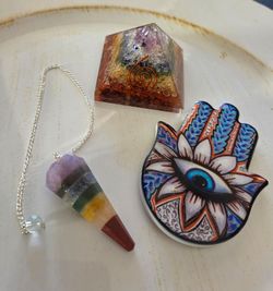 Chakra Pendulum, Crystal Pyramid & Hamsa Evil Eye Set