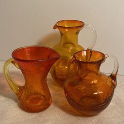 Vintage 3 orange glass mini Pitchers tangerine crackle art glass bud vase LOT