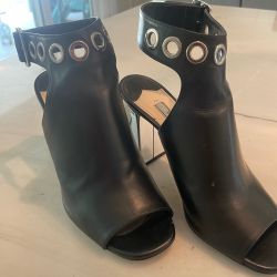 Black PRADA Leather Grommet Block Heel Open Toe with Buckle