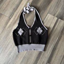 SHEIN: Black & Gray Argyle Knit Cropped Halter Button Front Tank Top, Size M