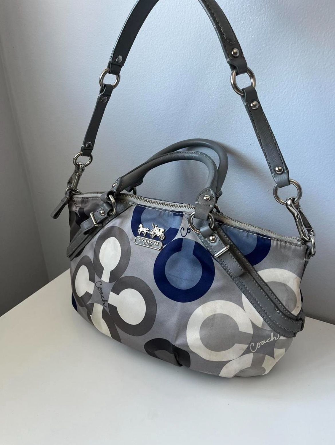Coach Sophia Madison Clover Luxury Satchel Purse Blue Gray Sateen Leather 15946
