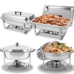 Chafing Dish Buffet Set 4 Pack, Stainless Steel 5 QT Round & 8 QT Rectangular Foldable Chafers and Buffet Warmers Set, Full Size w/Water Pan, Food Pan